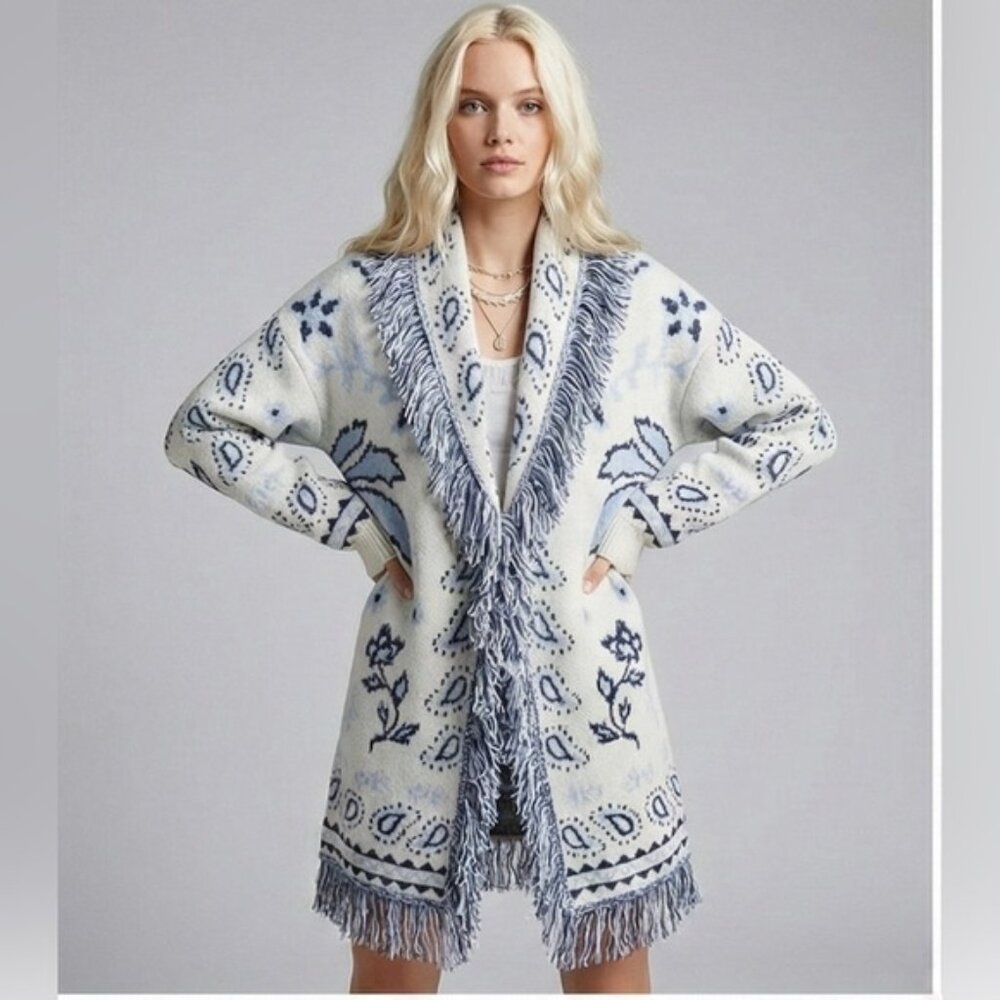 Western Chic Ivory & Indigo Paisley Fringe Sweater Knit Cardigan